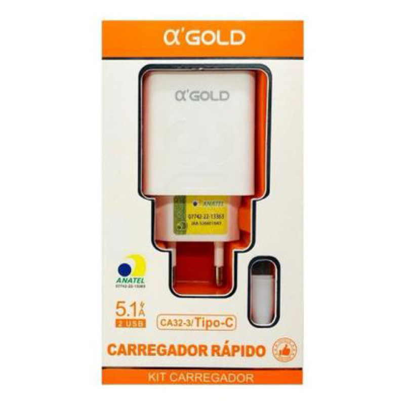 α GOLD Carregador Rápido CA23-3 Tipo-C 5.1A 2 USB Kit Carregador Rápido para Dispositivos Eletrônicos