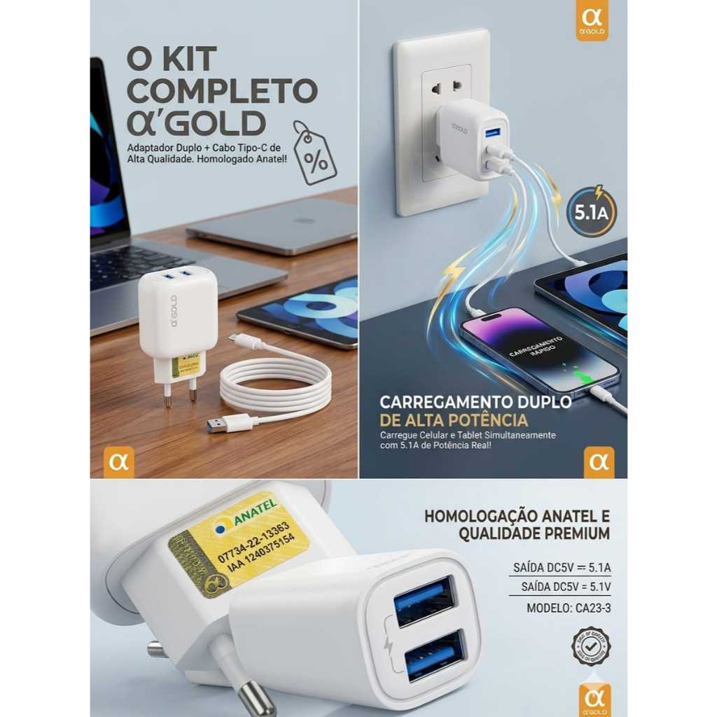 Carregador Rápido CA23-3 5.1A Com 2 USB - Tipo C A'Gold