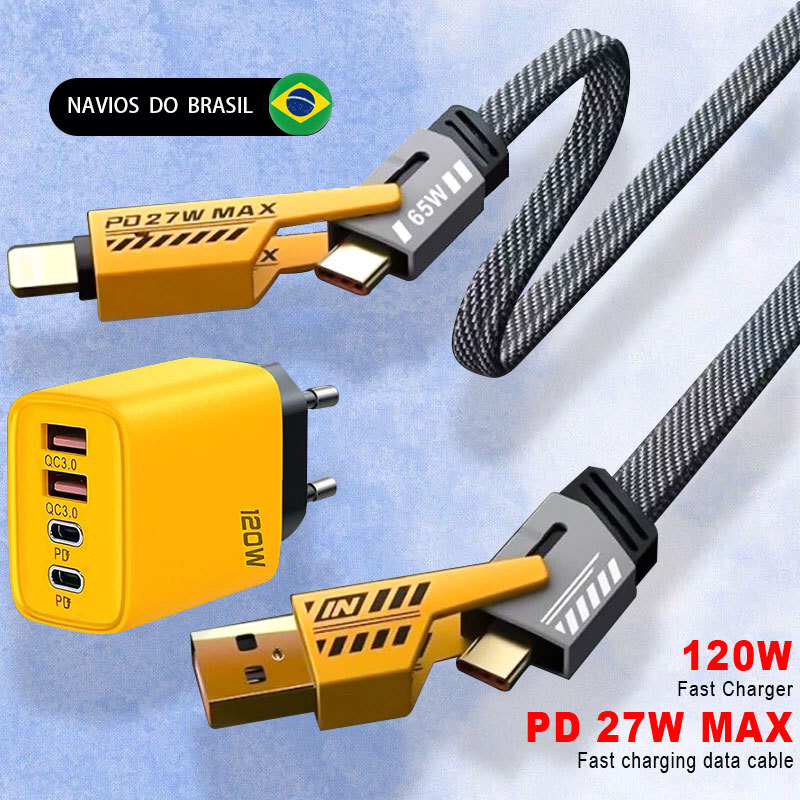 Carregador PD USD 120W 4 Portas De Carregamento Rápido Adaptador USB 3.0 Com Cabo Para Cabos iOS Tipo C Candy