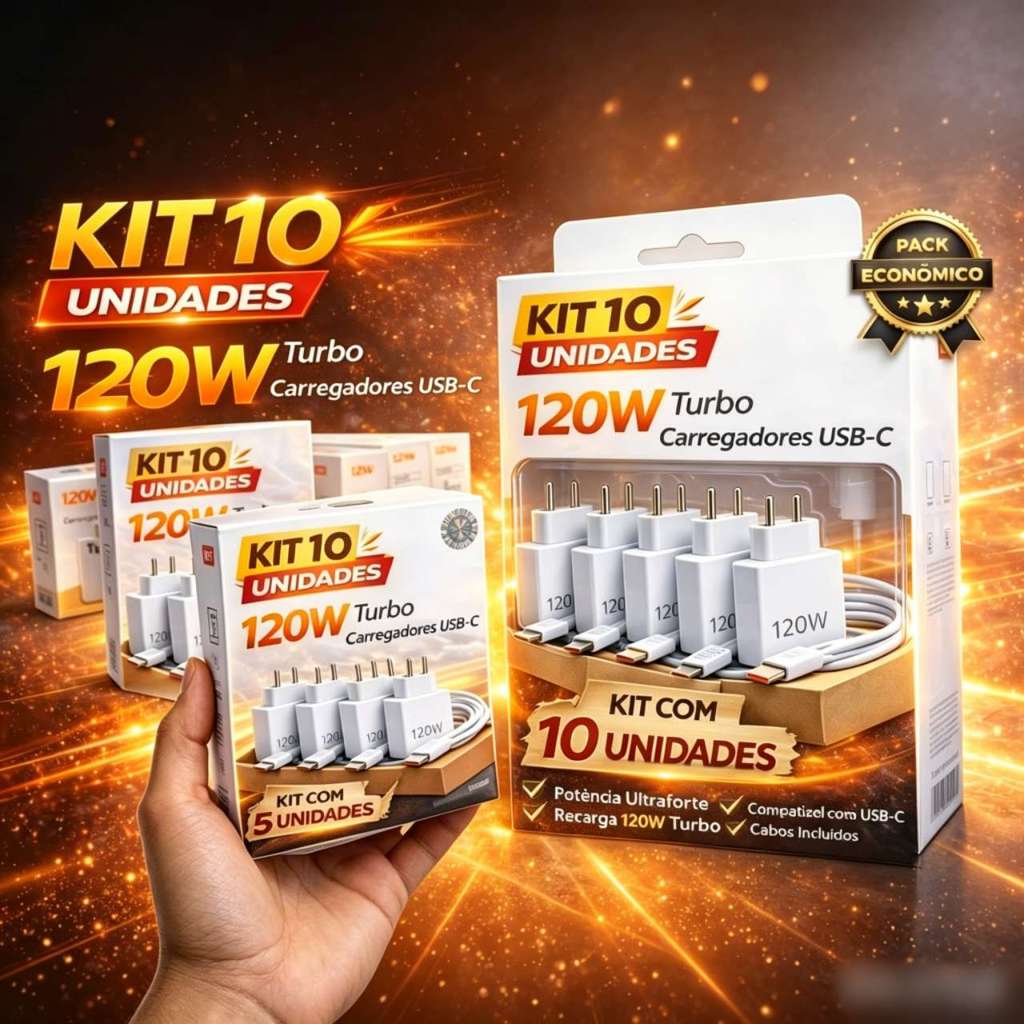 Kit 10 Carregadores Turbo 120W USB-C PD com Cabo – Carregamento Ultra Rápido e Seguro