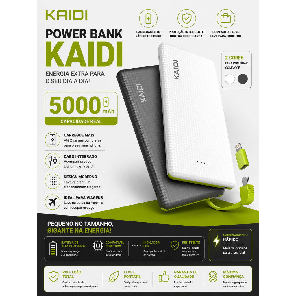 Power Bank 5000mAh com Adaptador Type-C e Lightning Praticidade