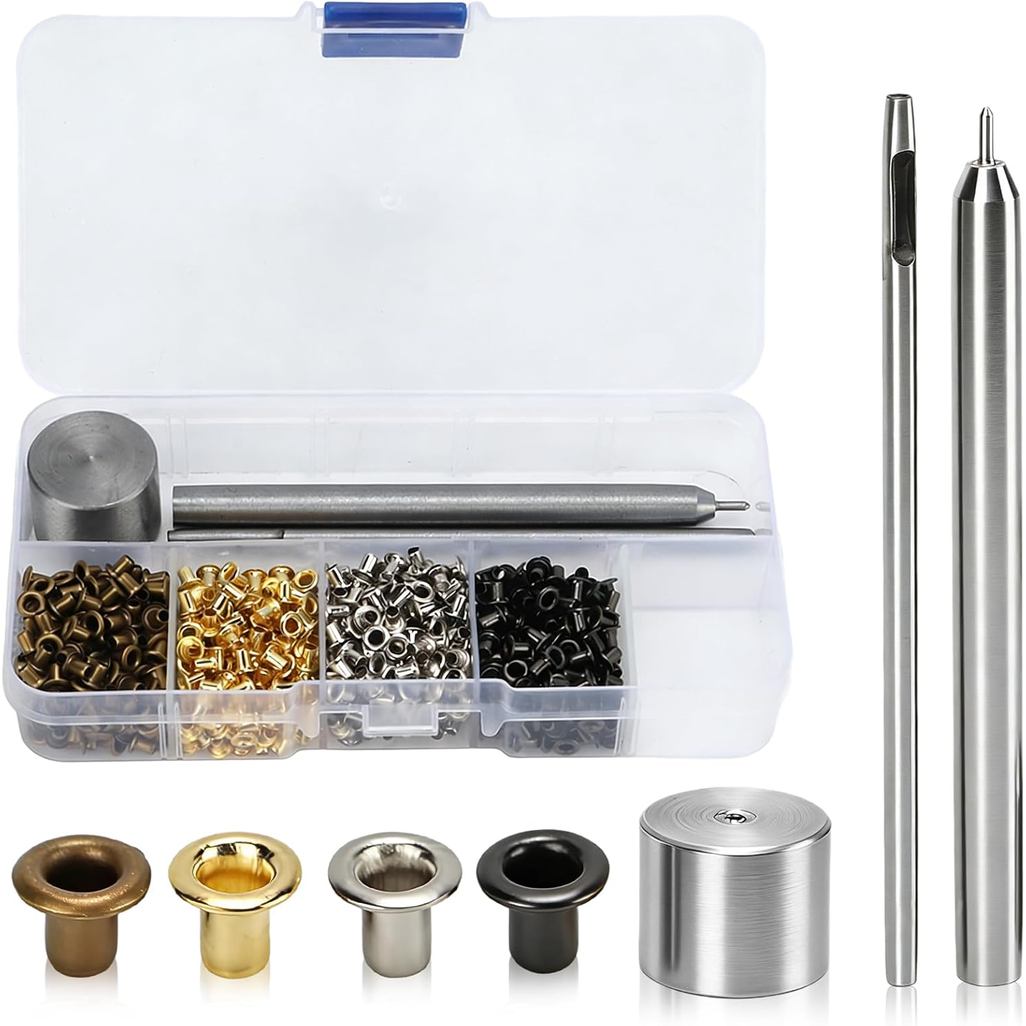 Mini Grommets, 2mm Plated Copper Metal Grommet Kit Eyelet Washers Fastener Set with Plastic Storage Box for Clothes Shoe