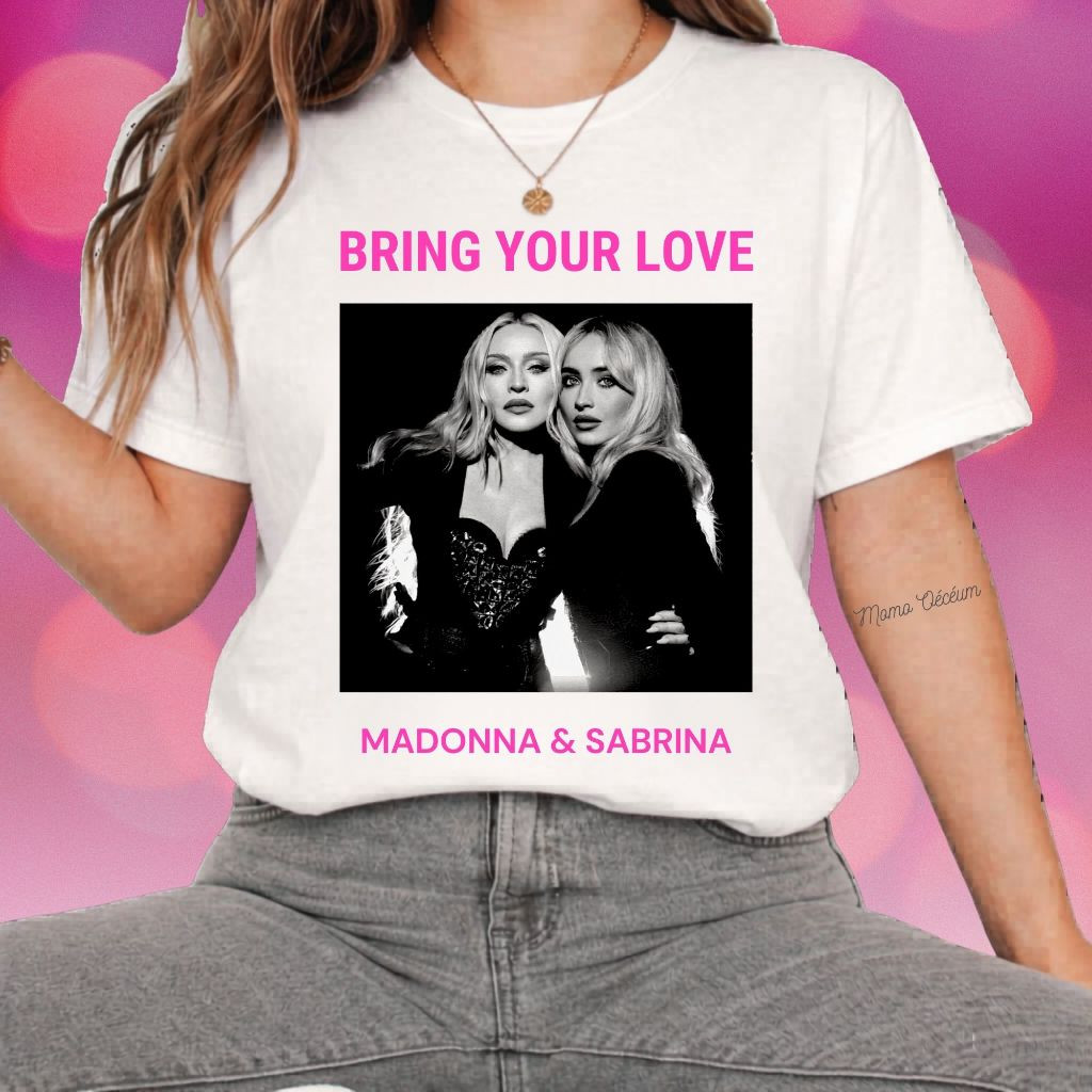 [Camiseta Premium em Algodão Puro]TT  Camiseta Madonna E Sabrina Carpenter Bring Your Love Confessions on a Dance Floor