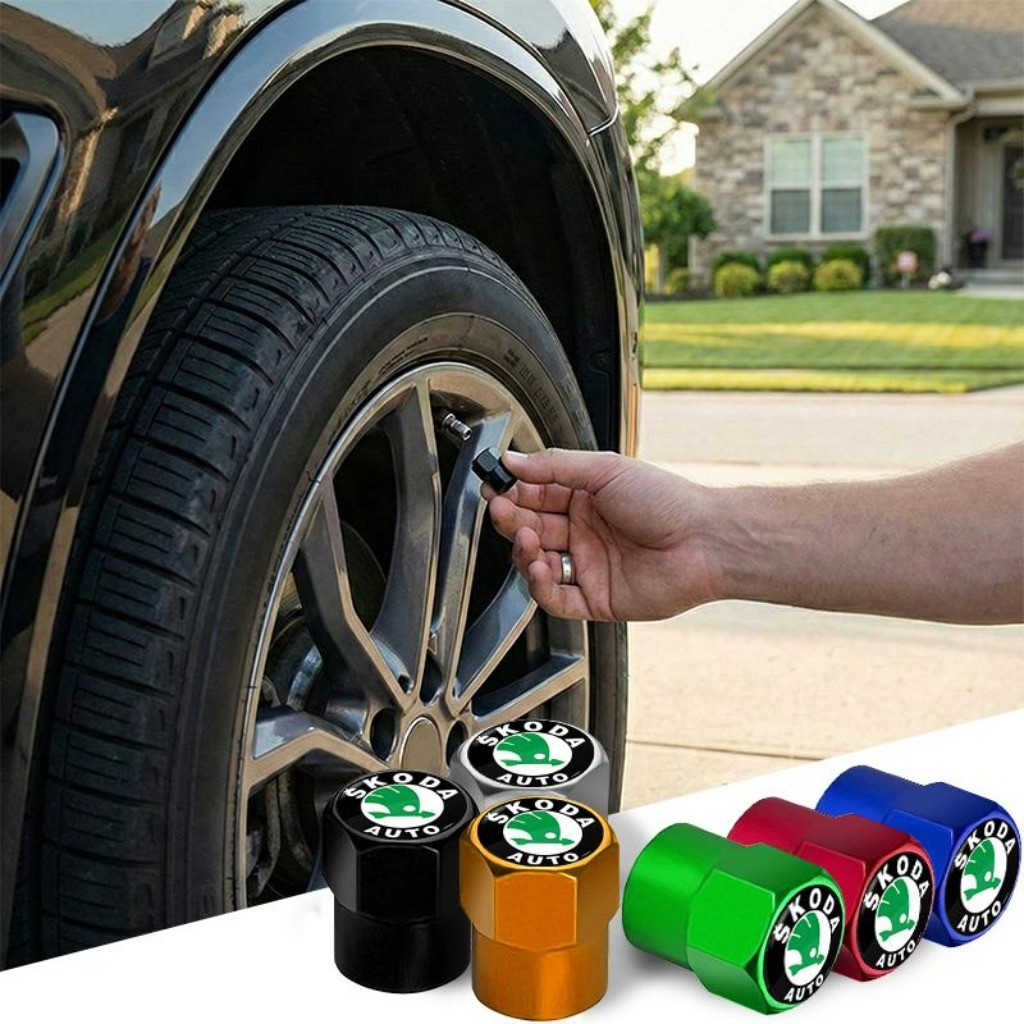 Kit com 4 Antivazamento Tampa de Válvula de Pneu Bico de Pneu Acessórios Automotivos For Skoda Octavia Fabia Kodiaq Karo