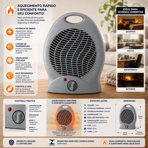 Aquecedor Eletrico Portatil 2000w Potente Rápido Seguro Cinza 220v