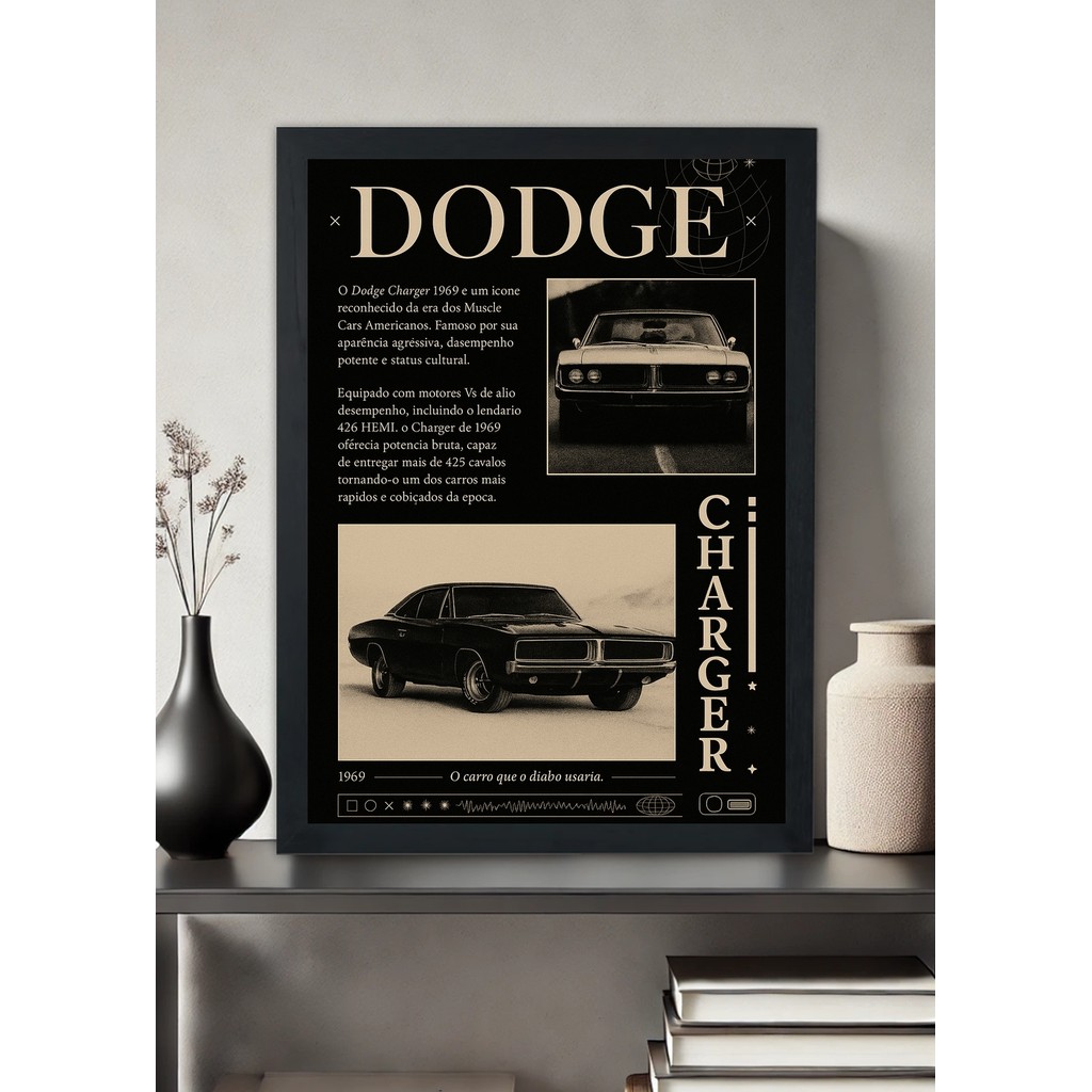 Quadro decorativo Dodge Charger 1969 Clássico – Com vidro