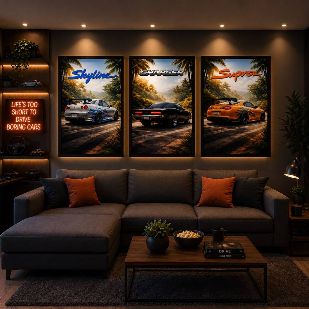 Kit 3 Quadros Carros Skyline Charger Supra Decorativo Quarto Gamer