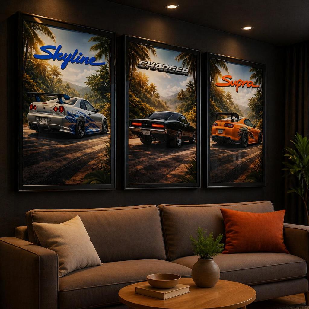 Kit 3 Quadros Carros Esportivos Skyline Supra Charger Decorativo