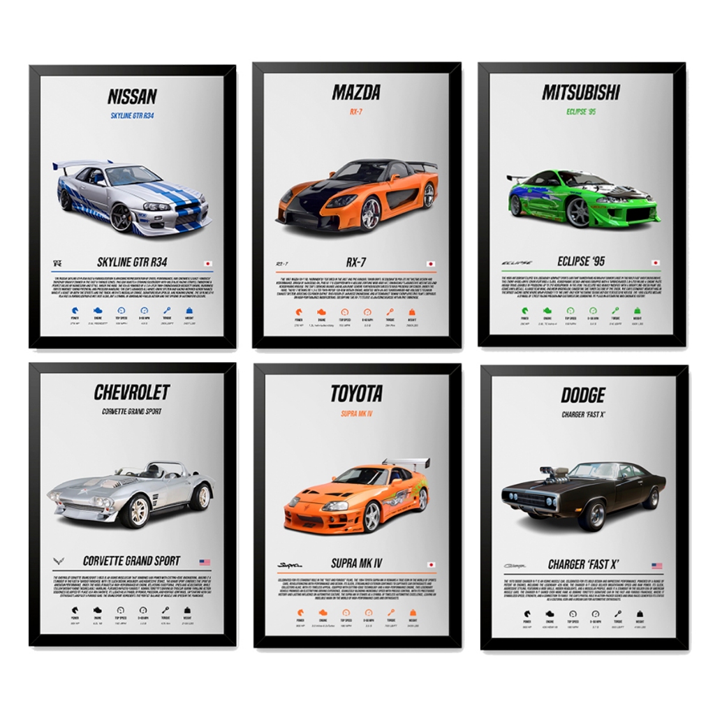 Quadro Velozes e Furiosos Fast and Furious Carros Skyline Supra RX7 Charger Com Moldura e Vidro