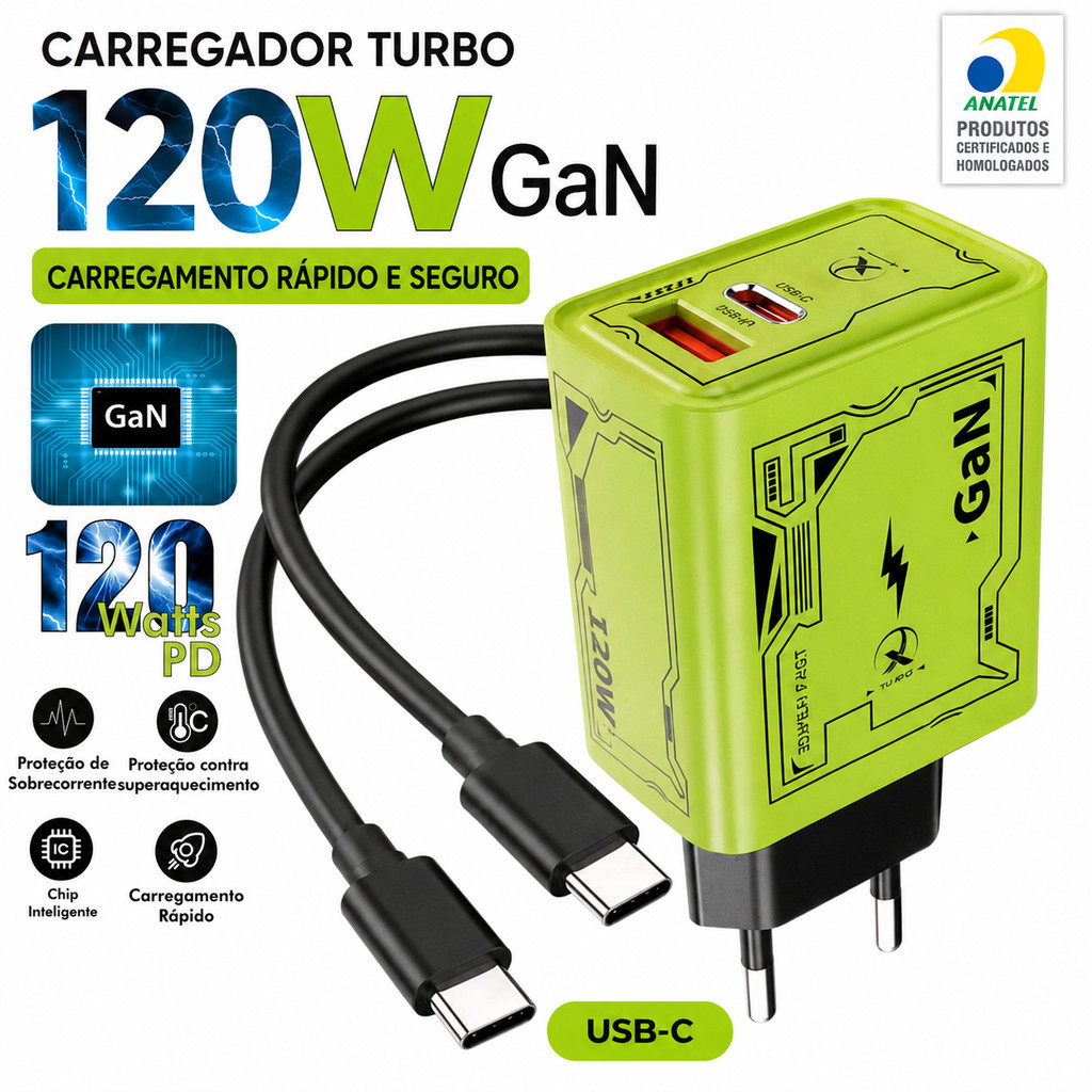 Carregador Turbo para Celular Tablet USB Tipo-C Carga Rápida X-Cell 120W GaN PD Quick Charge 3.0