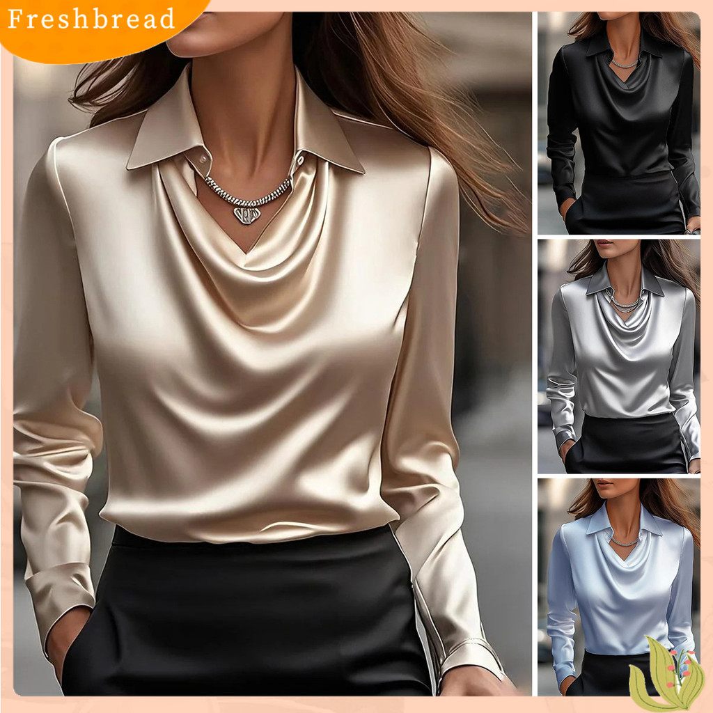 Soft Fabric Blouse Women Shirt Chic Satin Long Sleeve for Stylish Swing Collar Loose Fit Top for Daily Wear Solid Color