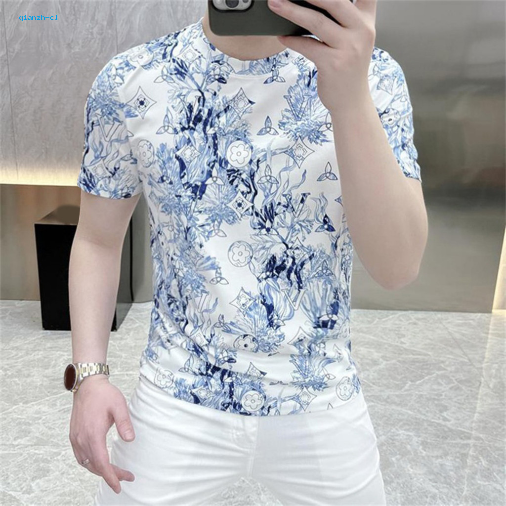Stylish Printed Men Tee Breathable T-shirt Men's Summer Casual Slim Fit Short Sleeve Round Neck Top for Daily Wear Stree