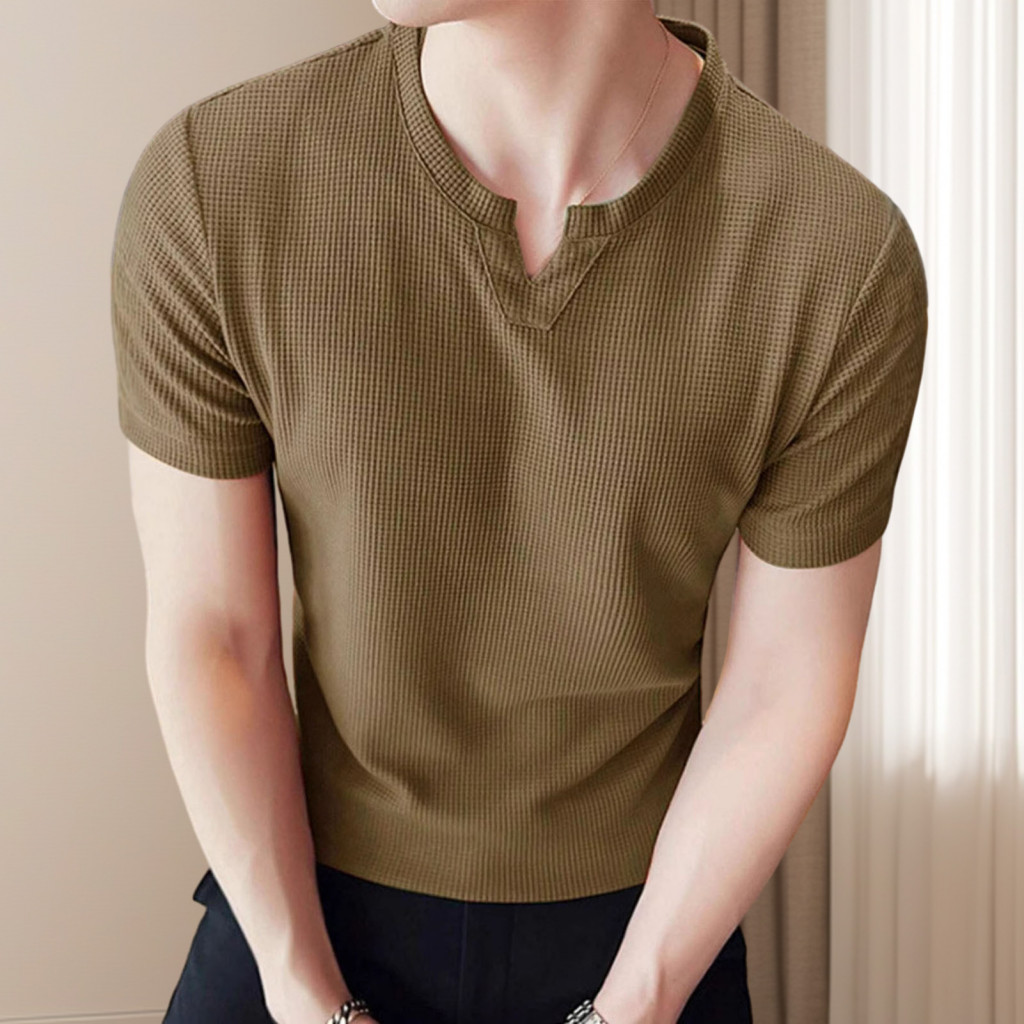 Solid Color Men Tee Fashionable T-shirt Men's Summer Waffle V-neck Casual Short Sleeve Pullover for Daily Wear Gym Stree