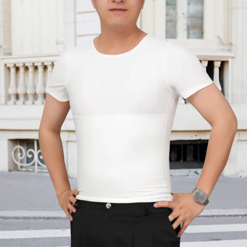 Short Sleeve Slim Fit Shirt Belly-tightening Top Men's Breathable T-shirt Skinny Round Neck Tee for Sports Daily Wear Be