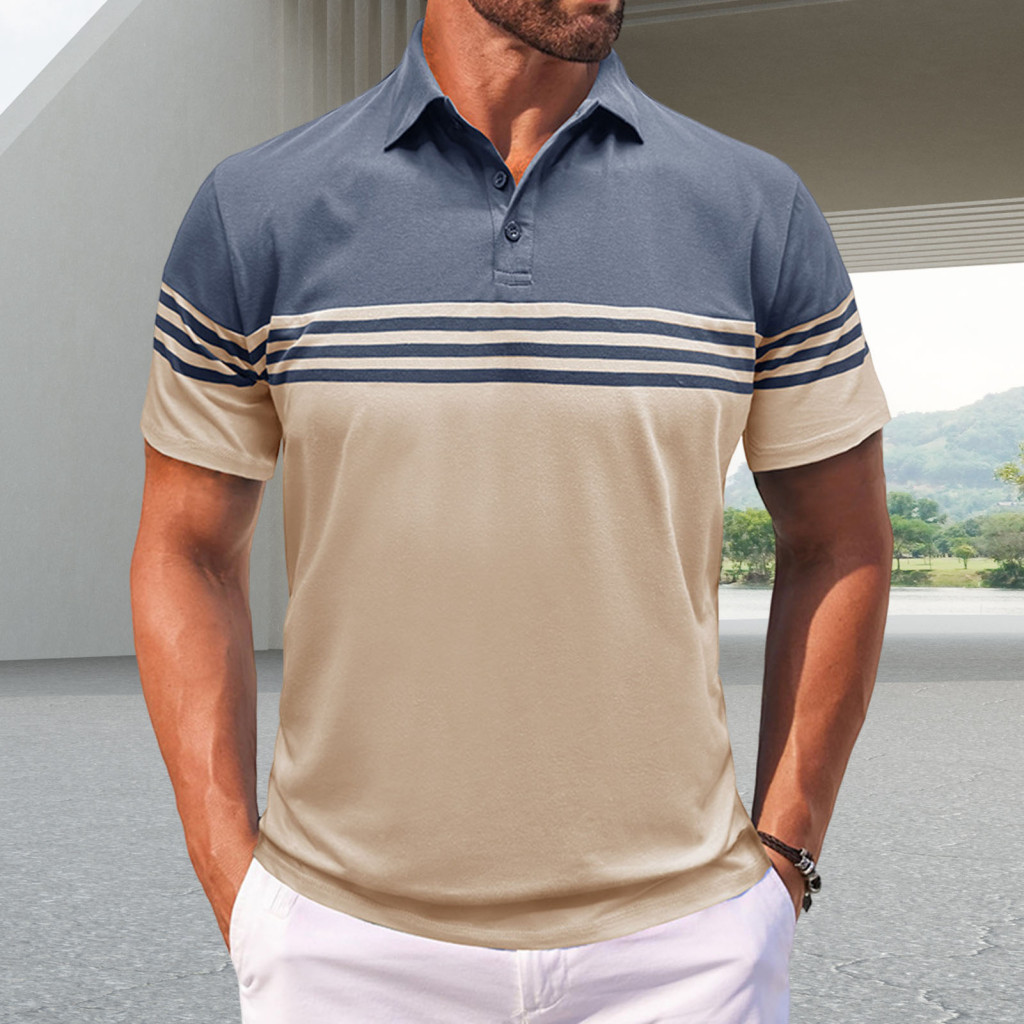 Versatile Men Tee Shirt Breathable Men's Casual Striped Short Sleeve Polo Cotton Blend Lapel for Daily Wear Office Golf