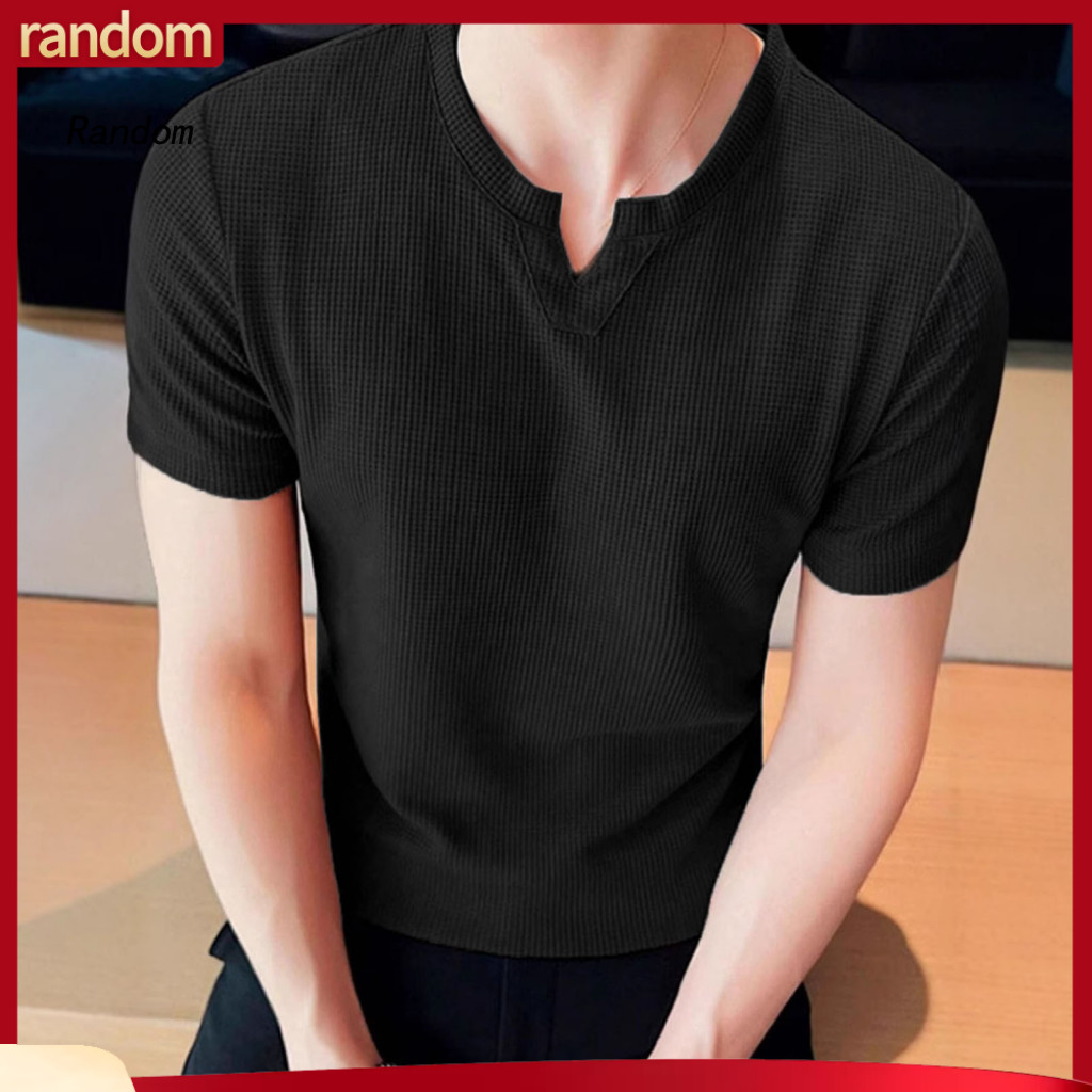 Fashionable Men T-shirt Tee Men's Summer Waffle V-neck Casual Short Sleeve Pullover Solid Color for Daily Wear Gym Stree