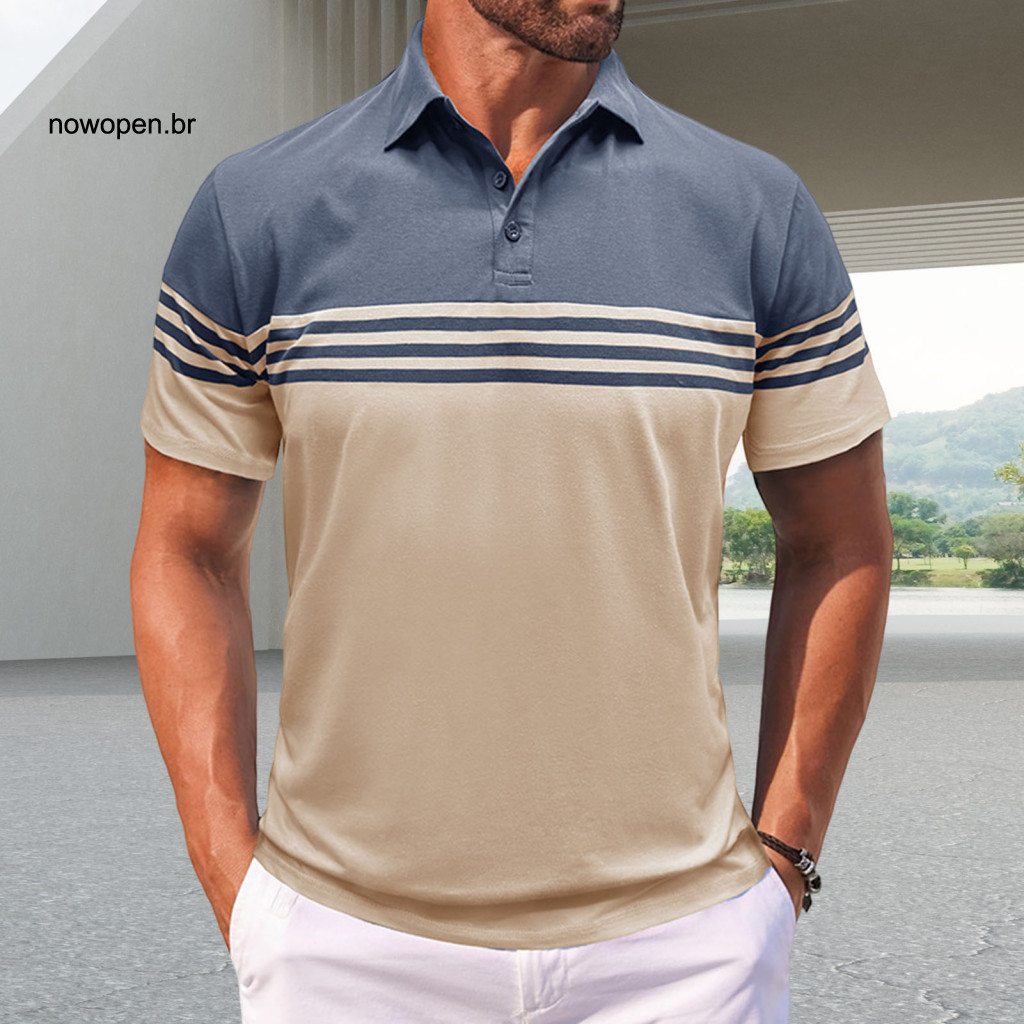 Breathable Men Shirt Comfortable Clothing Men's Casual Striped Short Sleeve Polo Cotton Blend Lapel Tee for Daily Wear O