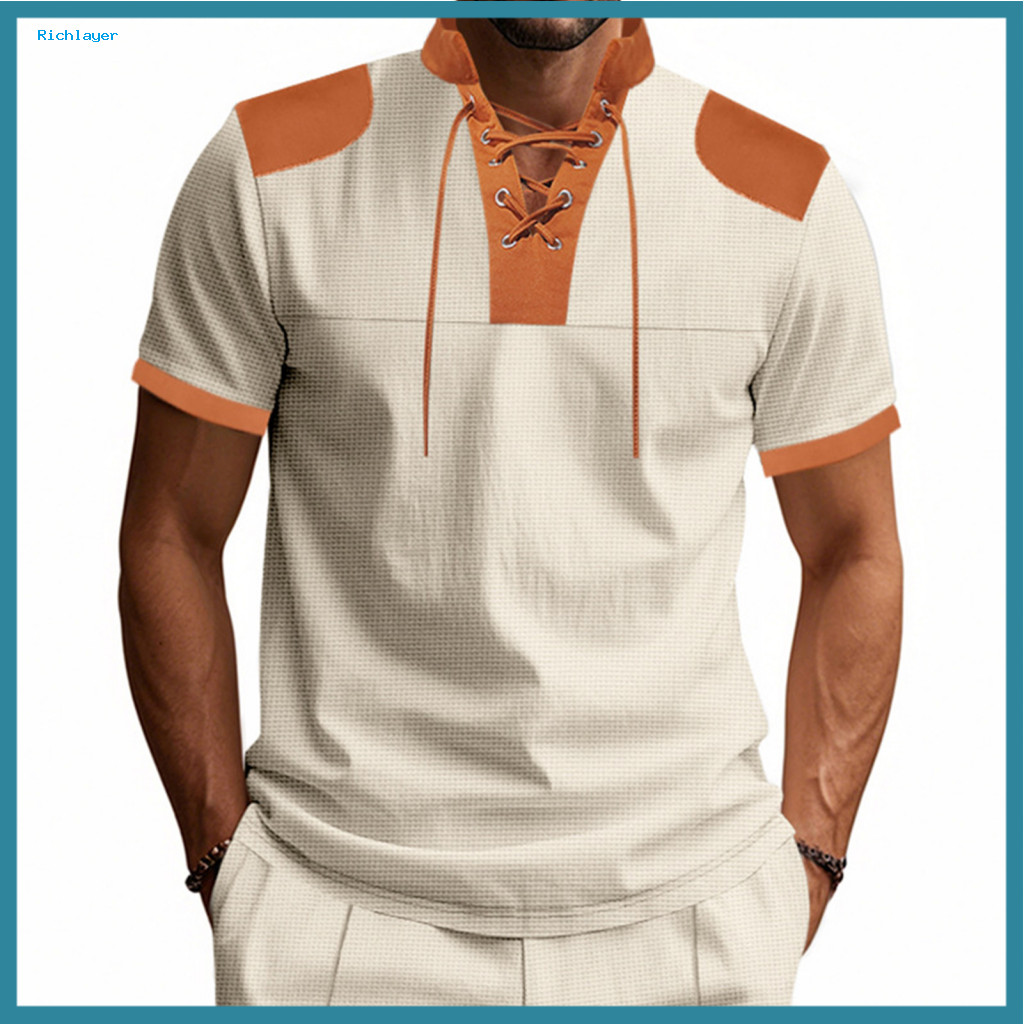 Casual Men T-shirt Color Block Shirt Men's V-neck Short Sleeve Waffle Check Summer Tee for Daily Wear Party Office Trave