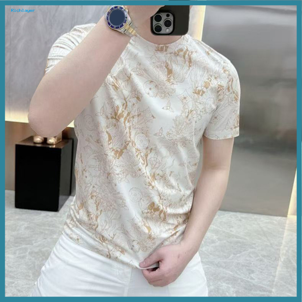 Printed Men T-shirt Polyester Tee for Men's Summer Casual Slim Fit Short Sleeve Round Neck for Daily Wear Street Style V