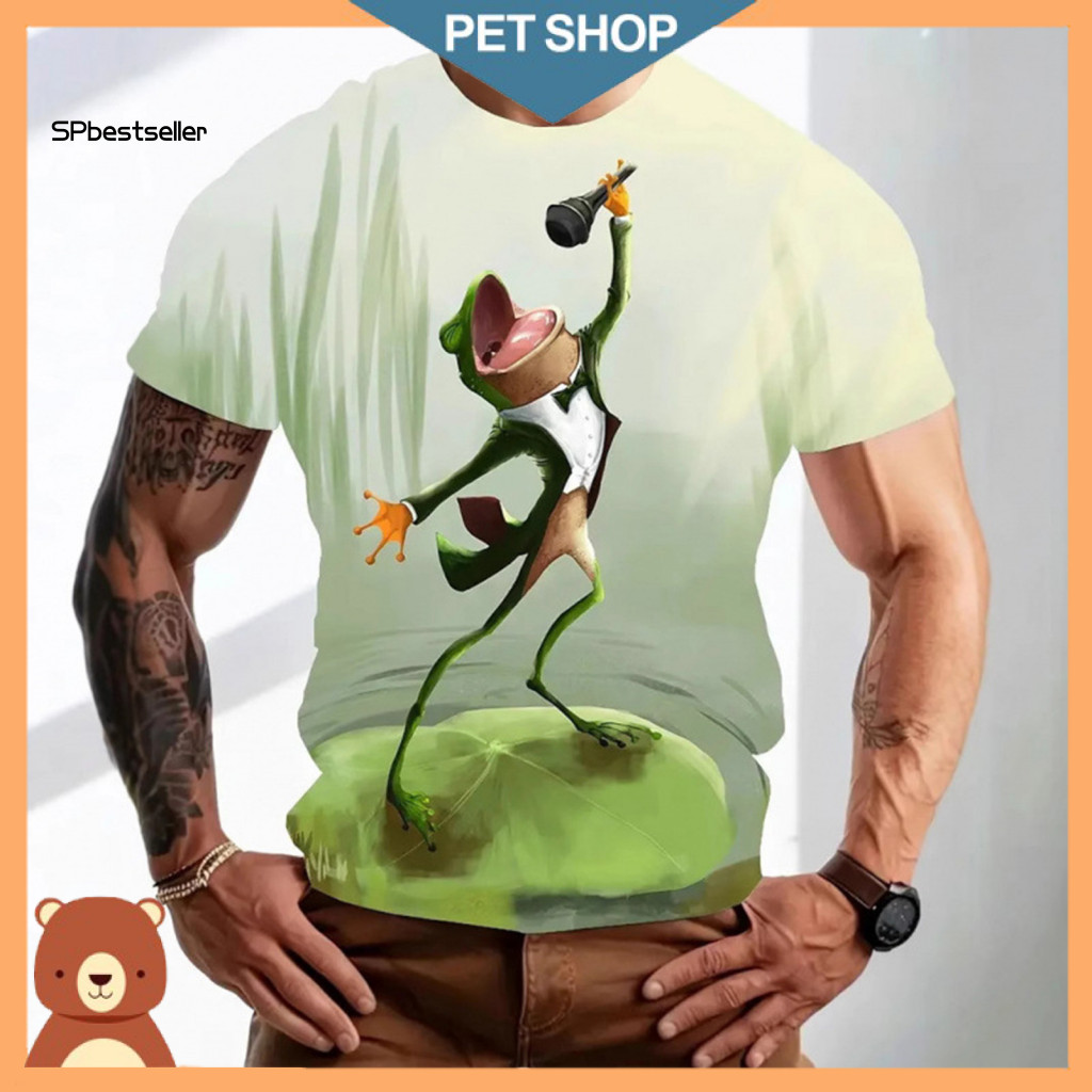 Loose Fit Pullover Shirt Men Summer Tee Men's Casual Cartoon Animal Print T-shirt Short Sleeve Round Neck for Daily Wear