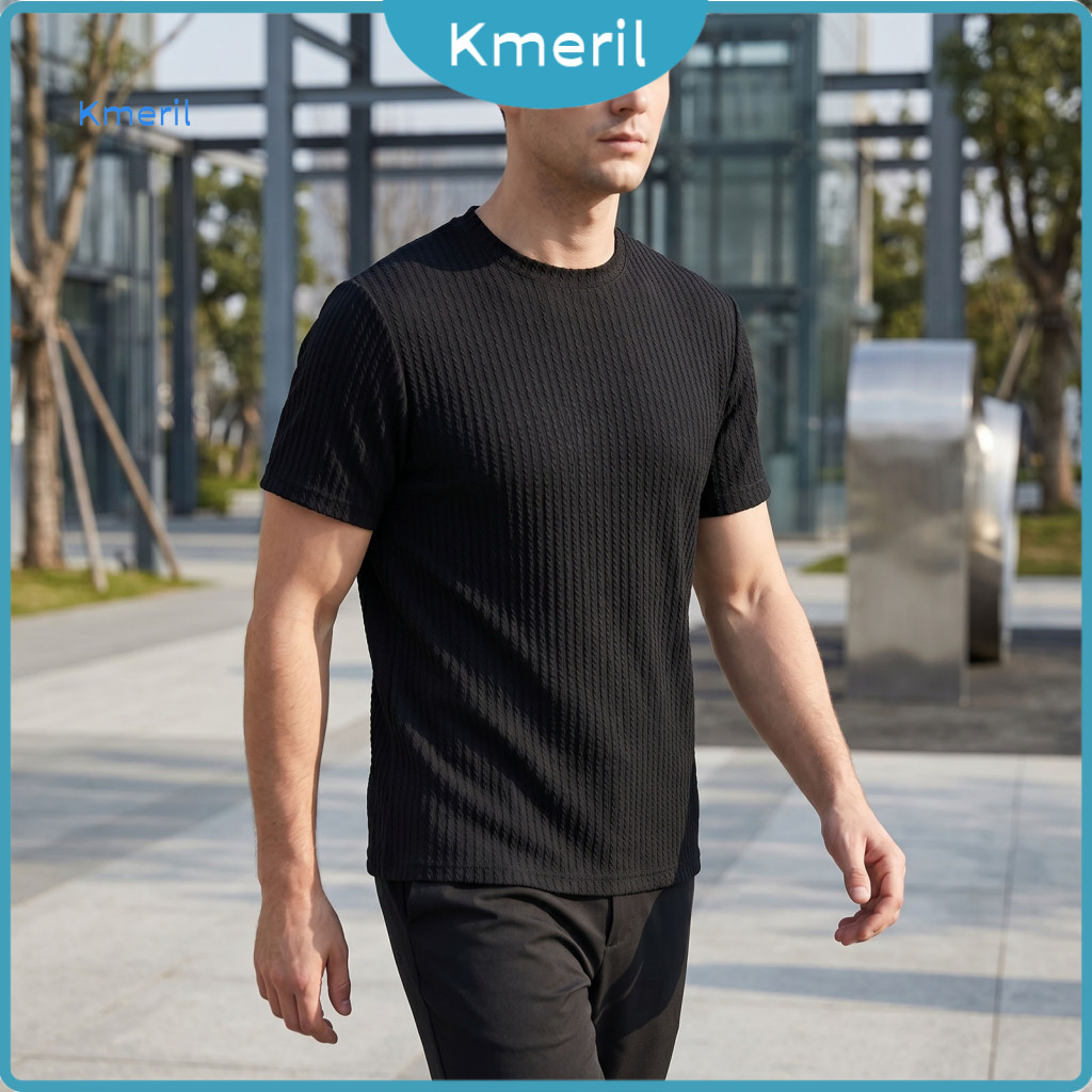 Breathable Men T-shirt Simple Crew Neck Tee Men's Jacquard Striped Solid Color Loose Fit Casual Summer for Daily Wear St