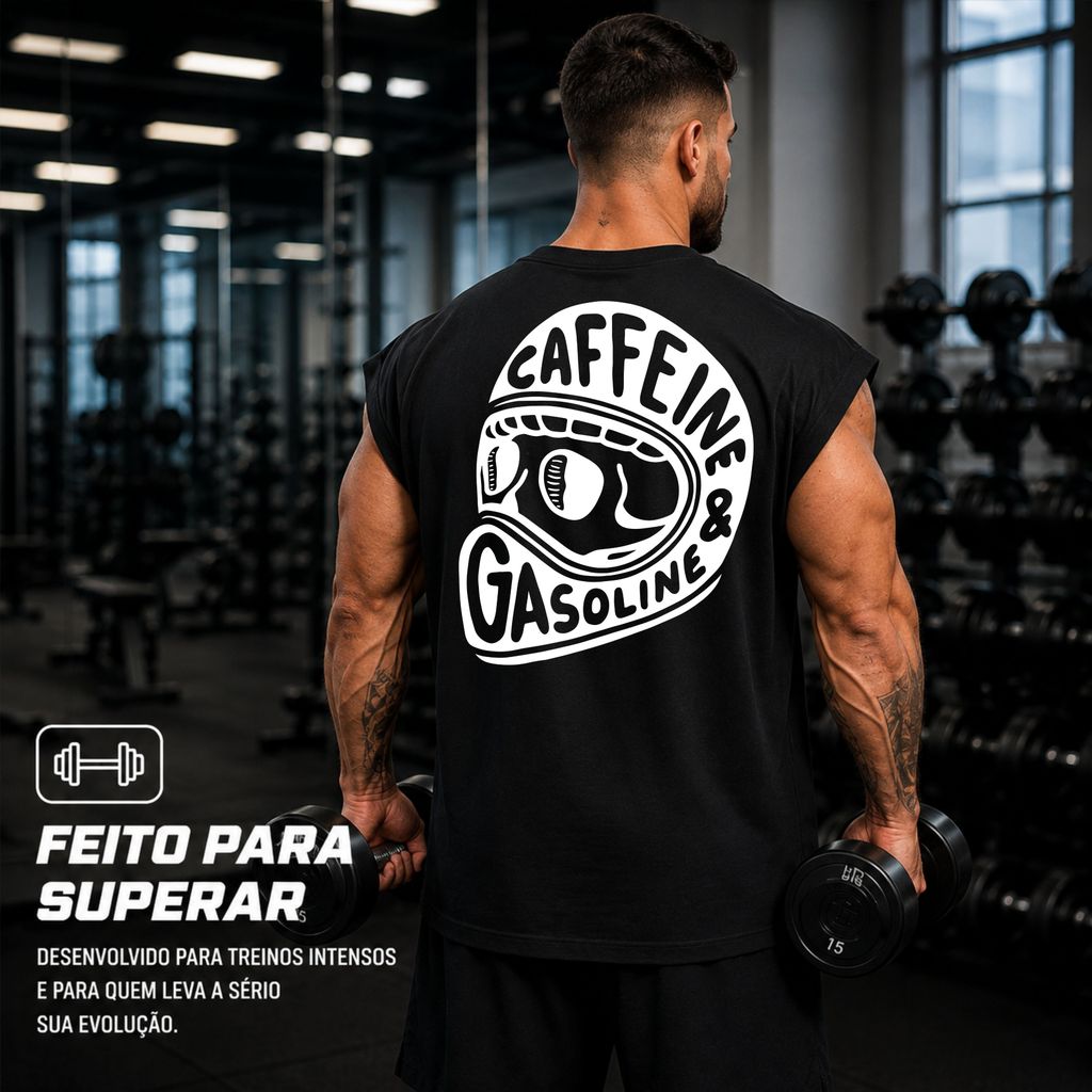 Camiseta Camisa Oversized Sem Manga Estampa Cafeine e Gasoline Top para Academia Musculação over 100% Algodão