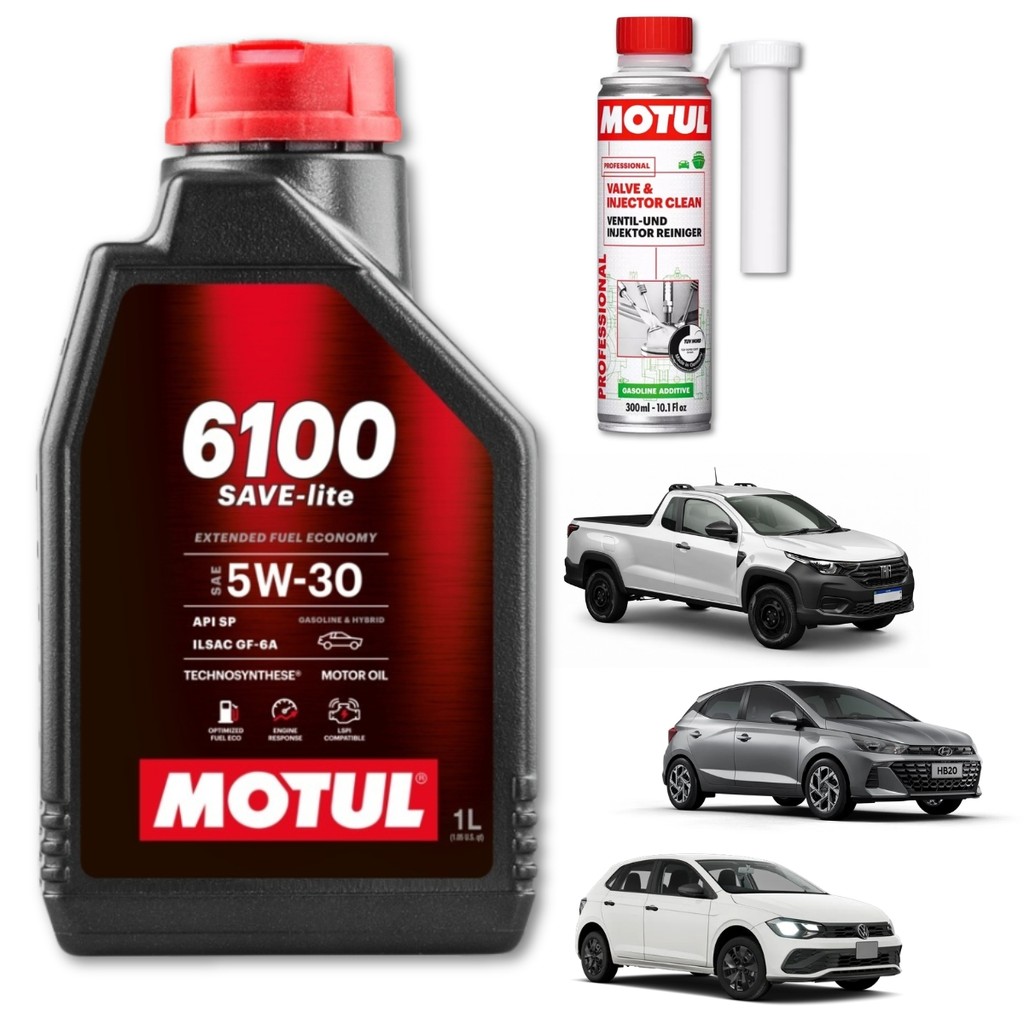 KIT MANUTENÇÃO ÓLEO SEMI SINTÉTICO 5W30 6100 SAVE MOTUL + ADITIVO LIMPEZA MOTUL VALVE E INJECTOR CLEANER GASOLINE 300ML