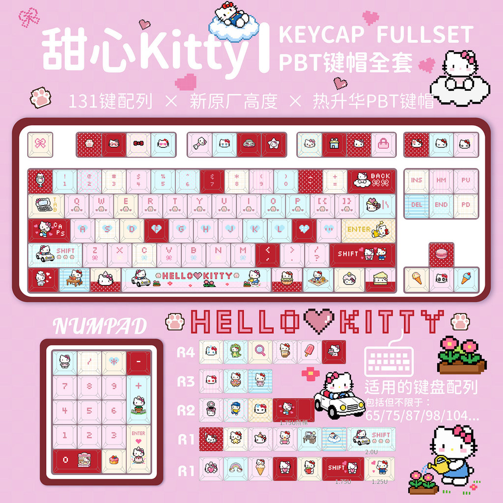 Hello Kitty Cute Hello Kitty Pink Keycap Sublimação de cinco lados MOA Teclado mecânico Original Keycap