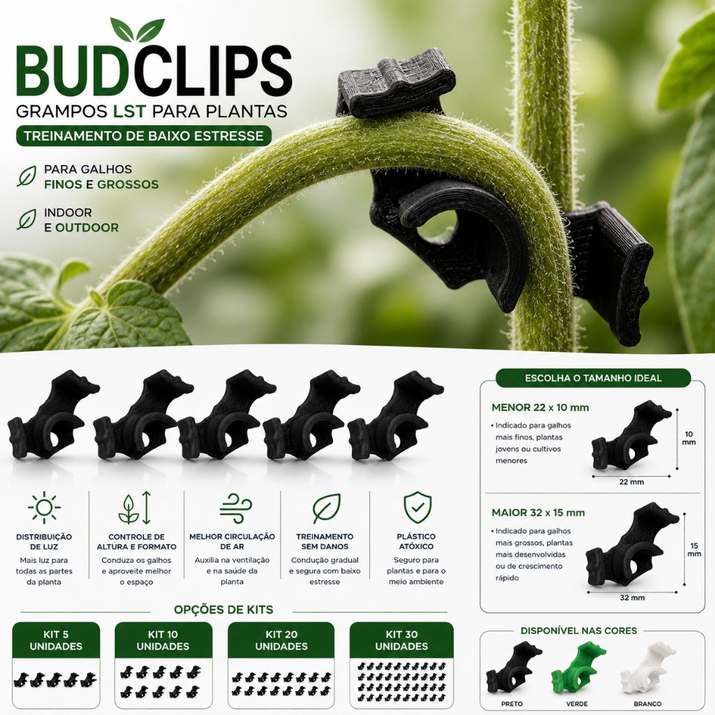 Kit 5 a 30 Grampos LST BudClips para Plantas Treinamento Grow Indoor Outdoor Galhos Finos e Grossos