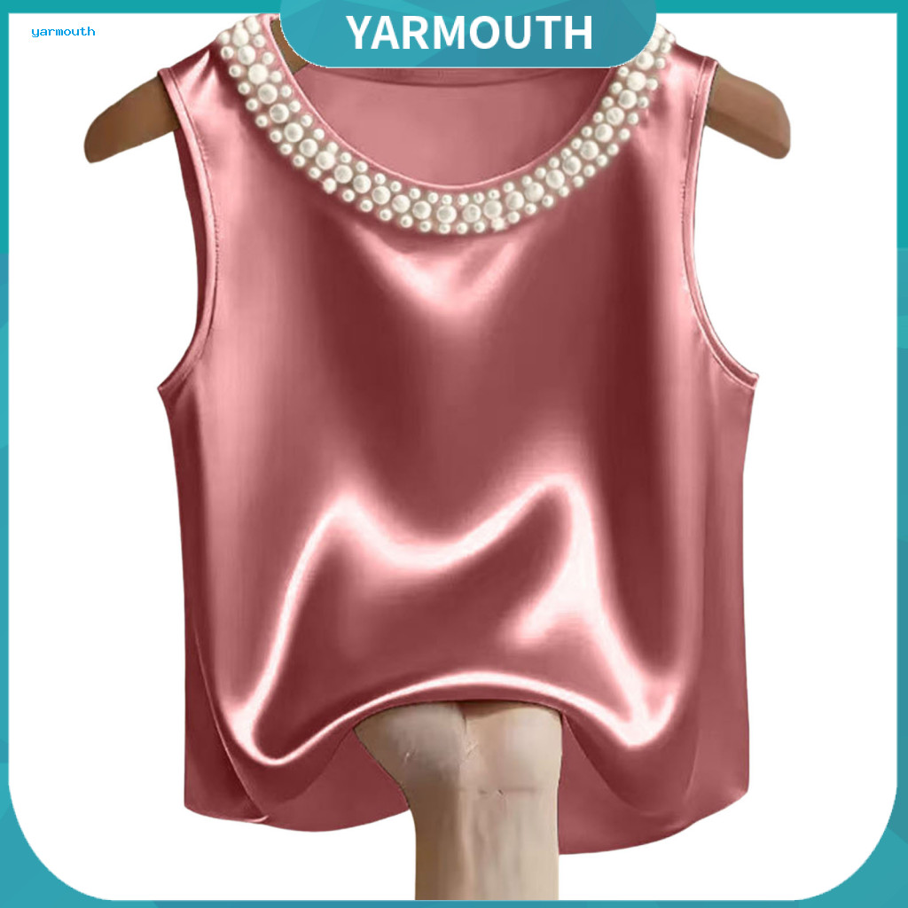 Women Vest Daily Wear Soft Blouse Women’s Sleeveless Satin Top with Round Neck and Imitation Pearl Decor – Loose Fit