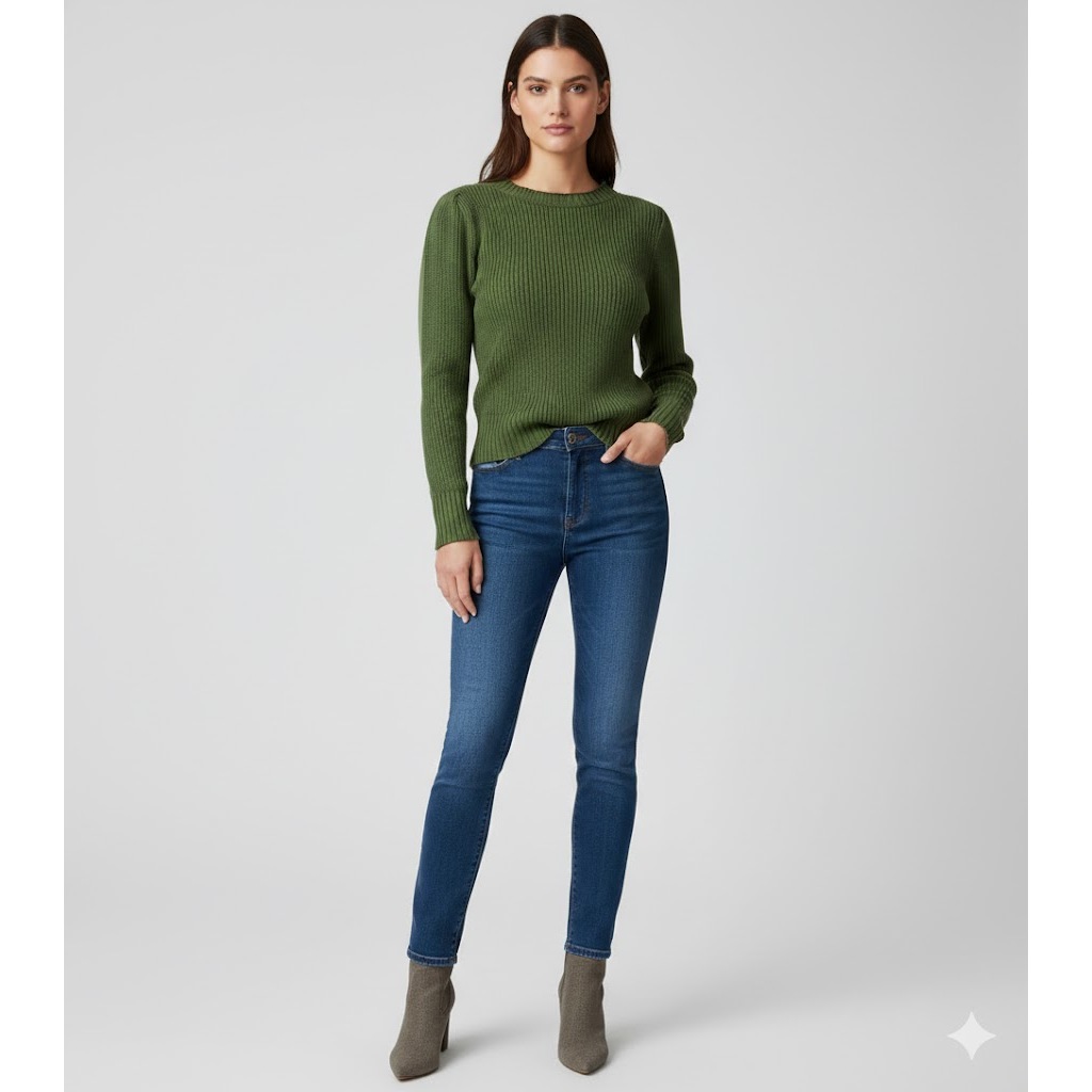 Blusa Feminina Tricot Canelado Manga Longa Gola Redonda Simples Casual Malhado