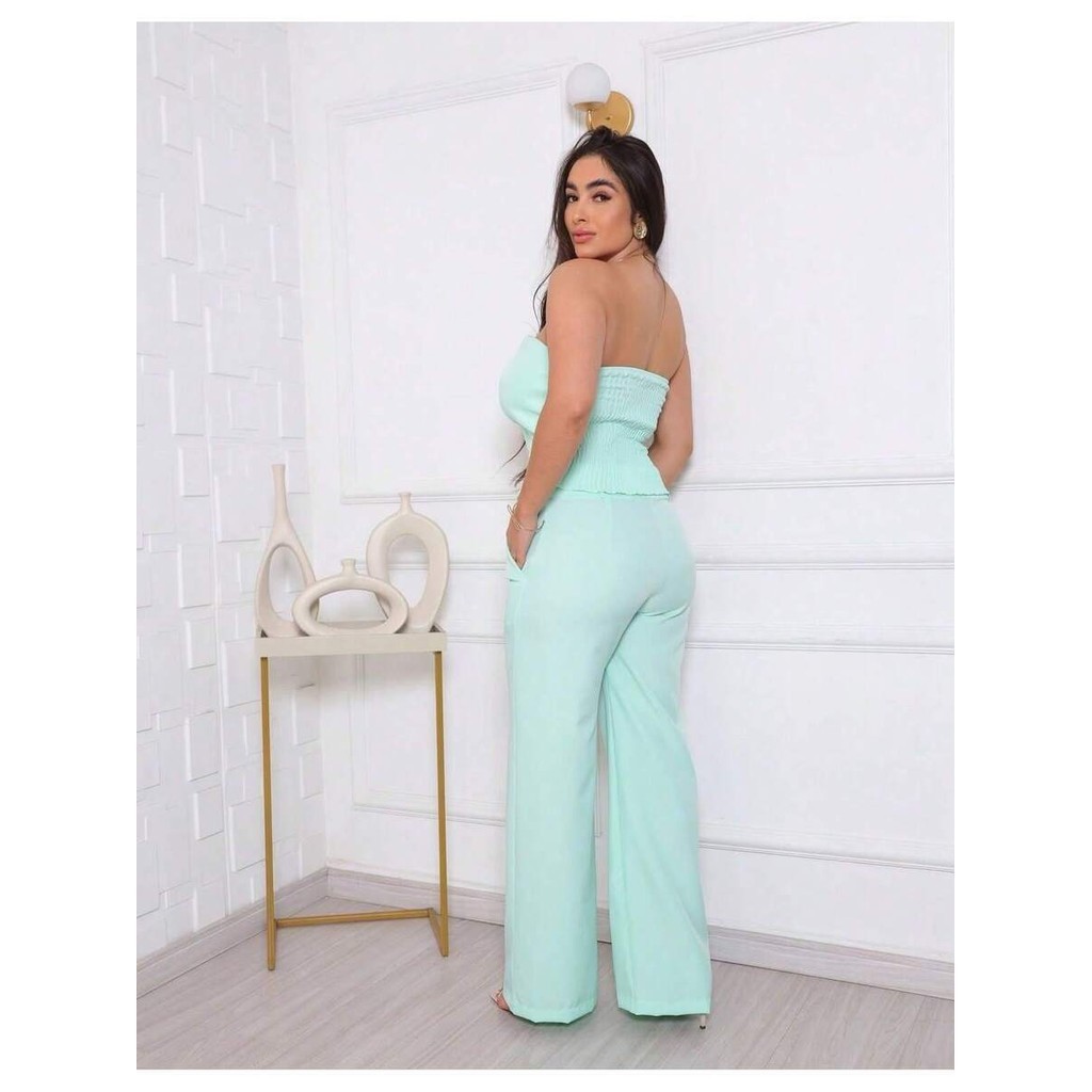 CONJUNTO CALÇA PANTALONA E BLUSA TOMARA QUE CAIA - Simples    Casual  elegante  Festa    Bolso    Férias  Escritório