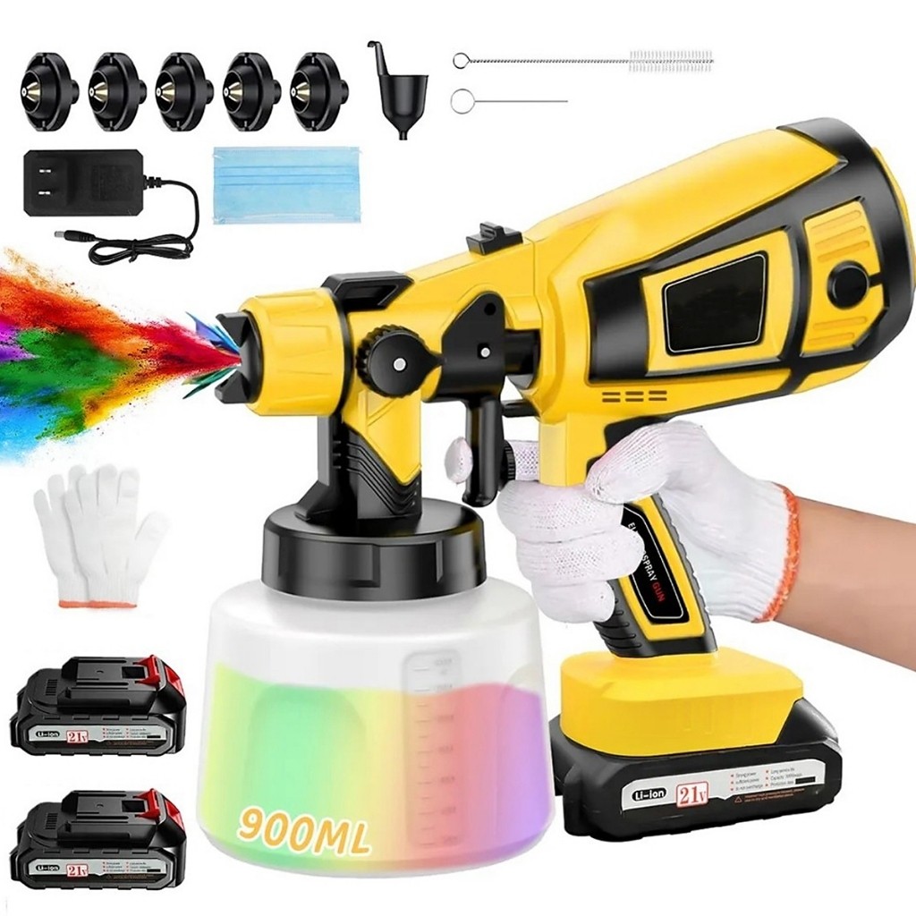 Pistola de Pintura e Pulverizadora Portátil com 2 bateria 21v  5 nozzles e 3 modos de pulverização, 900ml