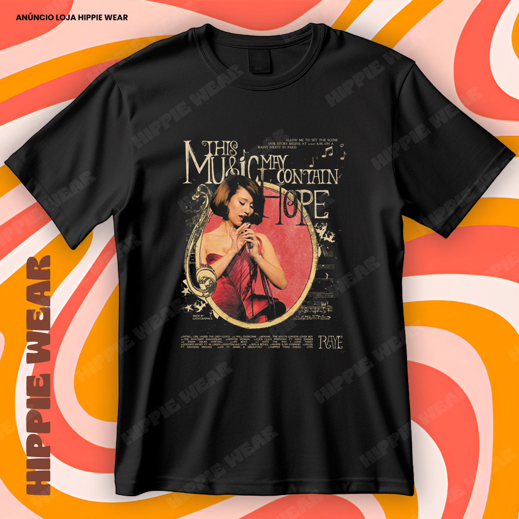 Camiseta RAYE This Music May Contain Hope Retro Blusa Camisa 100% Algodão
