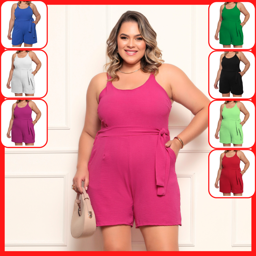 Macaquinho Feminino Plus Size Fresquinho Verão Casual Azul Preto Vermelho Fúcsia Acinturado Perfeito