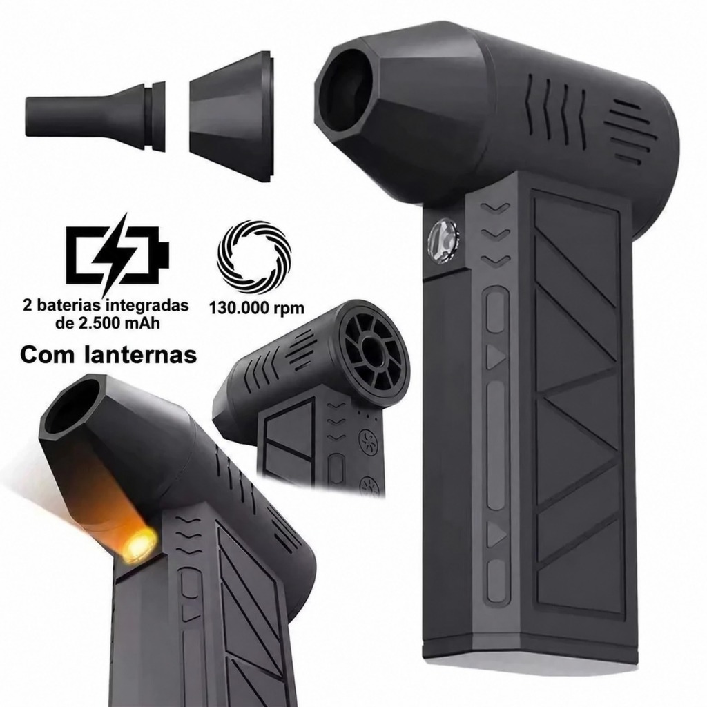 Mini Soprador Aspirador Turbo 2 em 1 130.000 RPM Sem Fio com LED, Motor Brushless e Acessórios