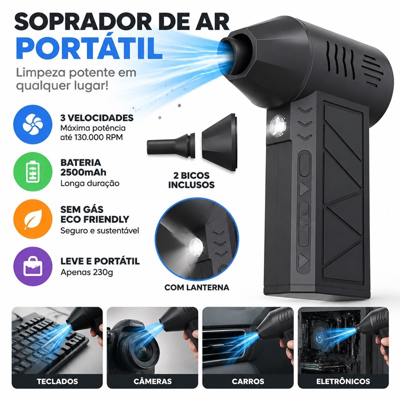 Soprador de ar Turbo à Jato Portátil Ventilador 130.000 RPM Motor Brushless Sem Fio e Super