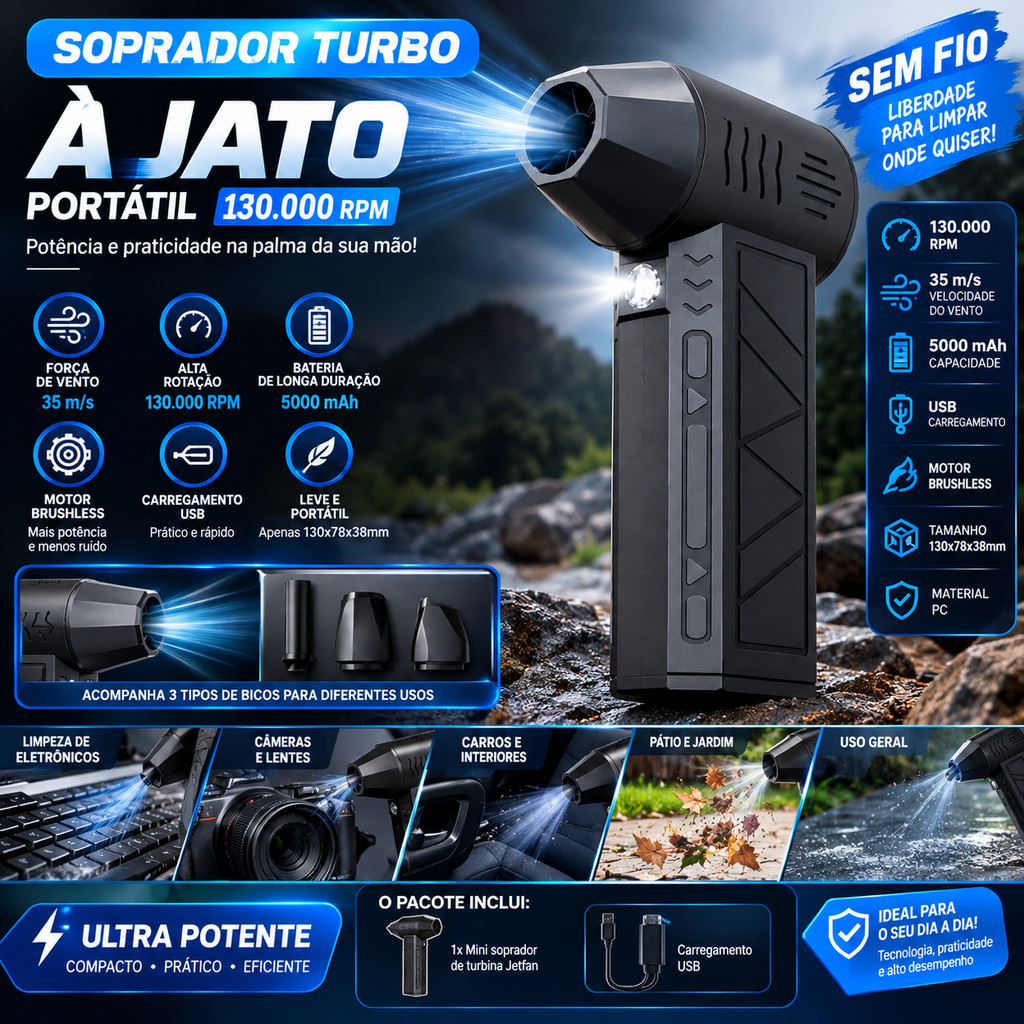 Soprador Turbo à Jato Portátil 130.000 RPM – Motor Brushless, Sem Fio e Super Potente