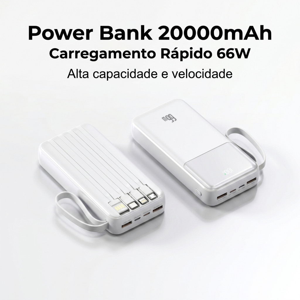 Carregador Power Bank 20000mah Portátil Display Digital 66W Carregamento Super rápido com 4 cabos