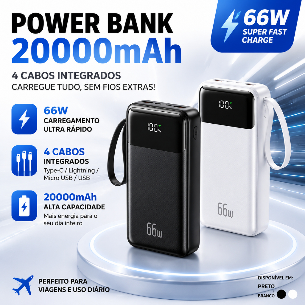 Carregador portátil Power Bank 20000mah 66W Carregamento super rápido com Visor Digital 4 cabos