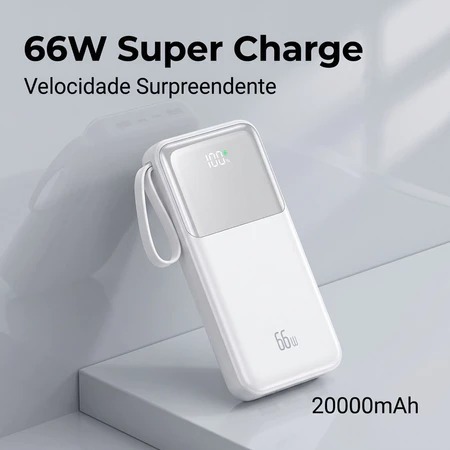 Power Bank 20000mAh 66W com 4 Cabos e Alça, Tela Digital, Carrega 4 Dispositivos, iPhone Samsung Xiaomi