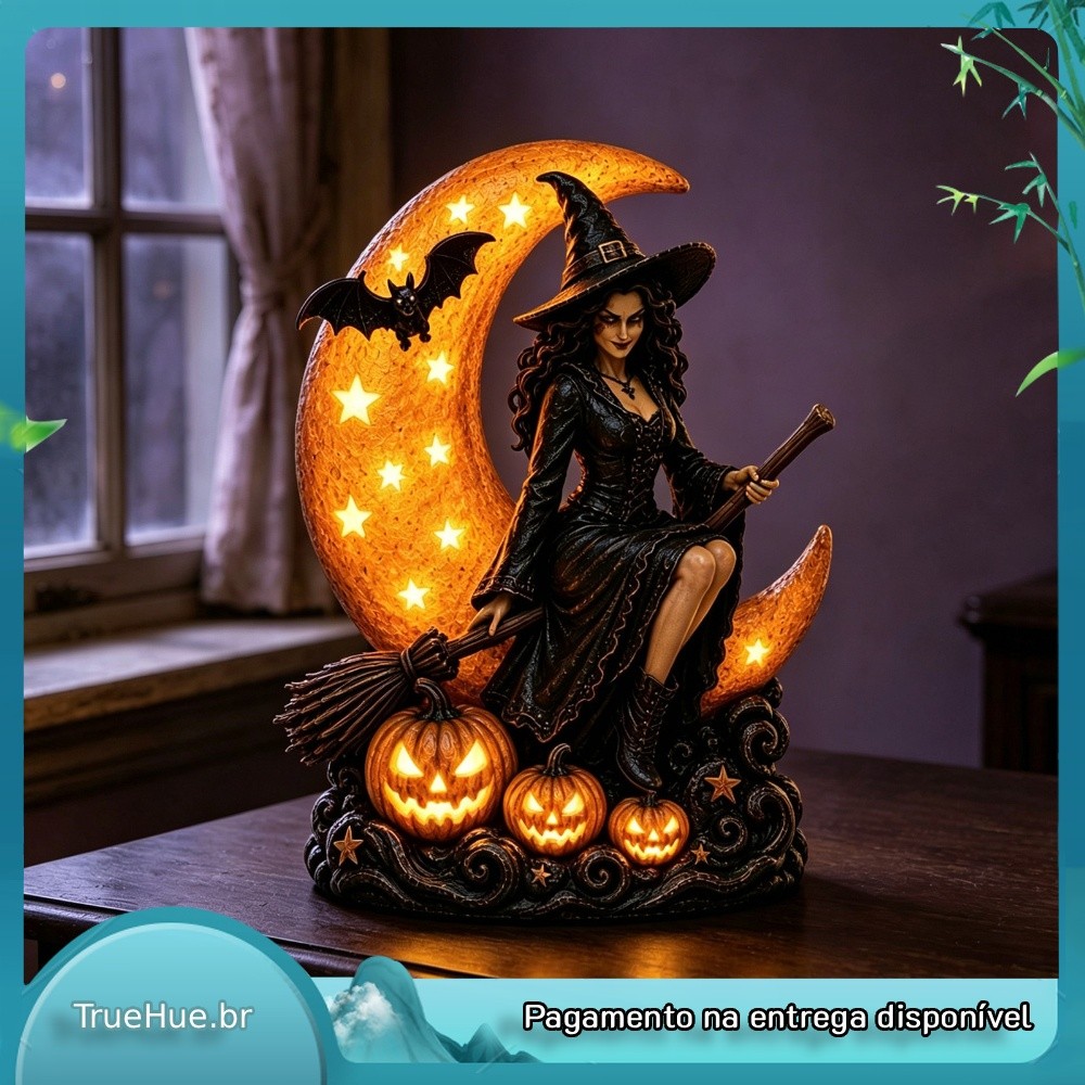 Estátua De Bruxa Gótica Halloween Moon Night Light USB LED Resina Estatueta De Abóbora Pintada À Mão