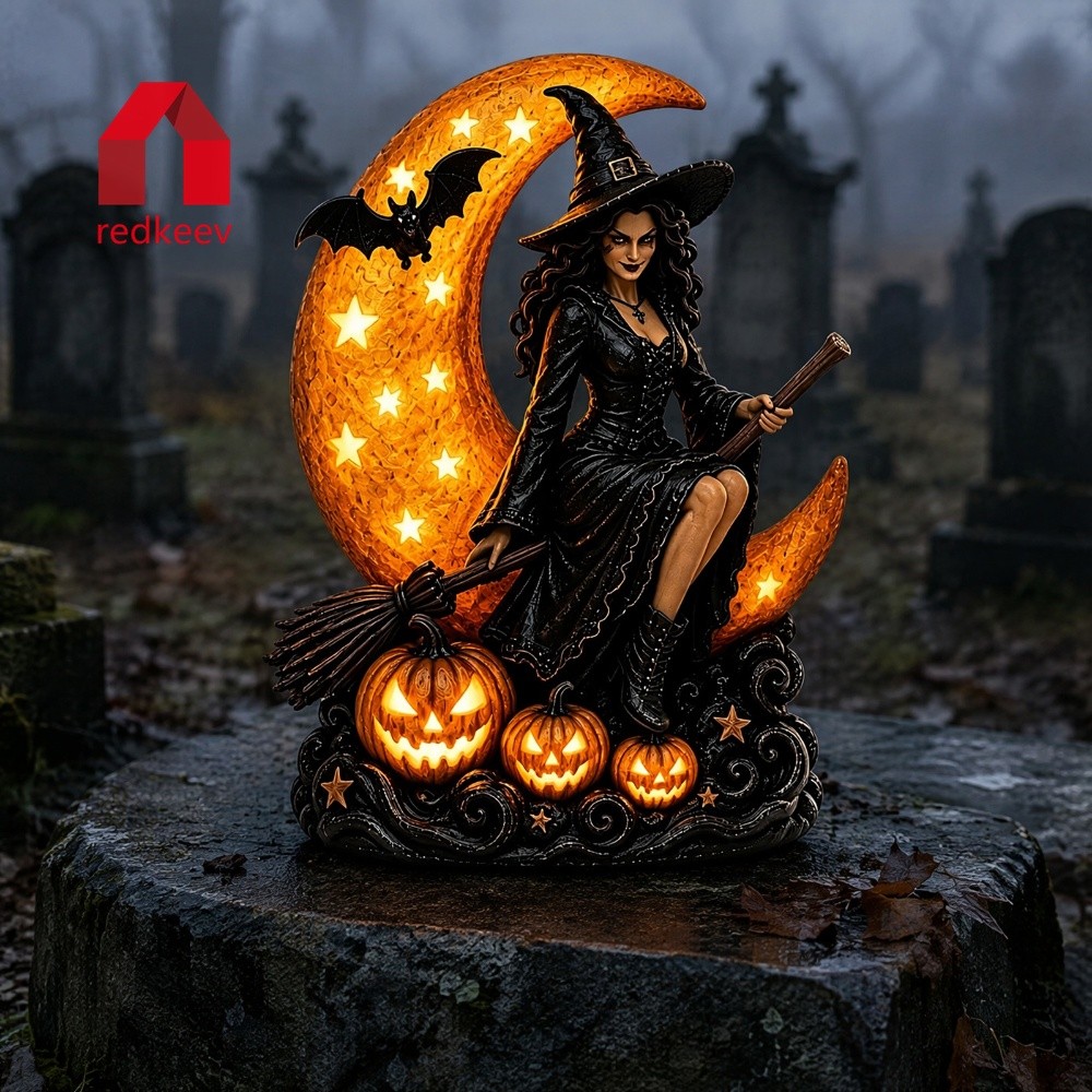 Estátua De Resina De Bruxa Gótica Alimentada Por USB Halloween Moon Night Light LED Decoração De Morcego De Abóbora