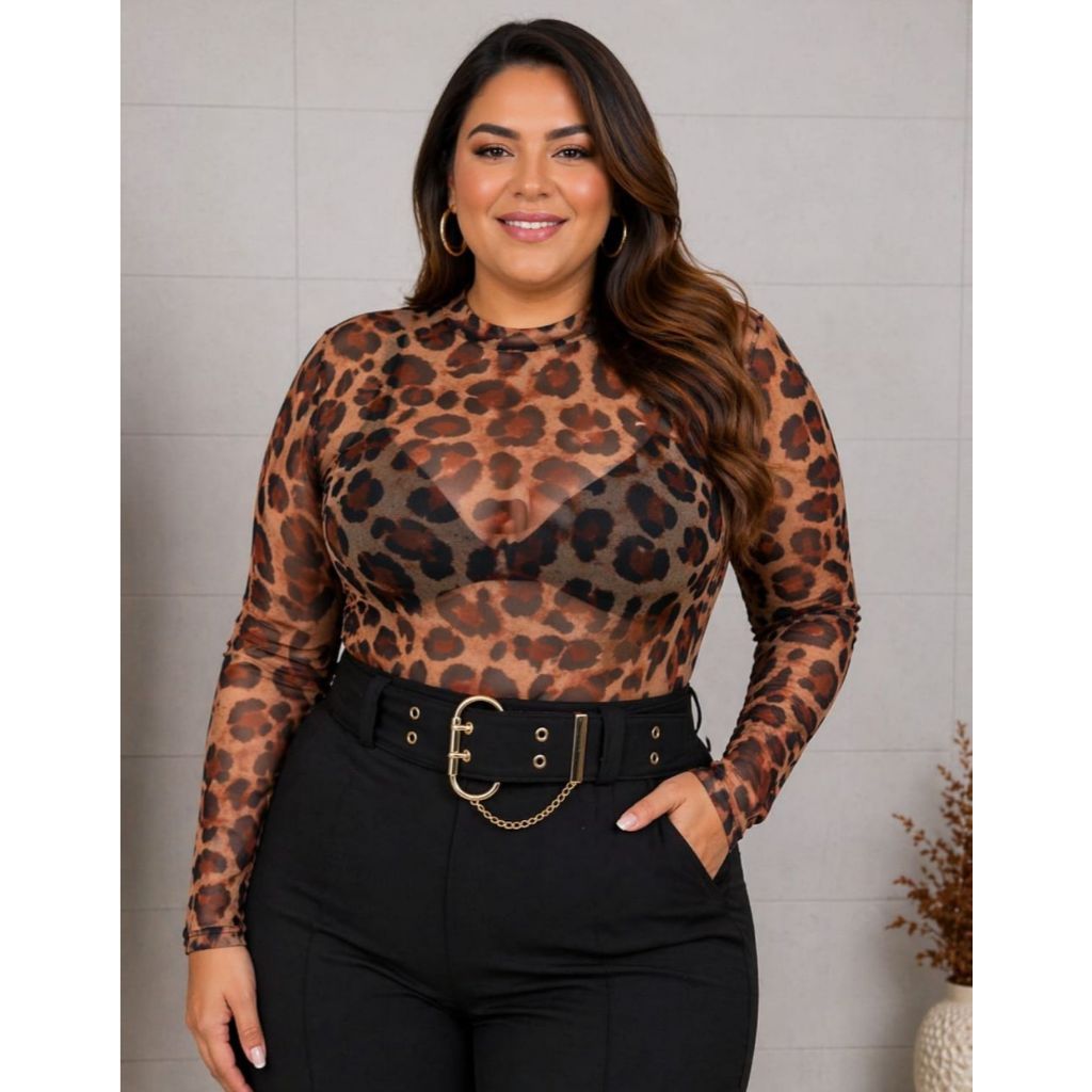 Boddy De Tule Com Estampa De Oncinha Moda Feminina Delicada Animal Print