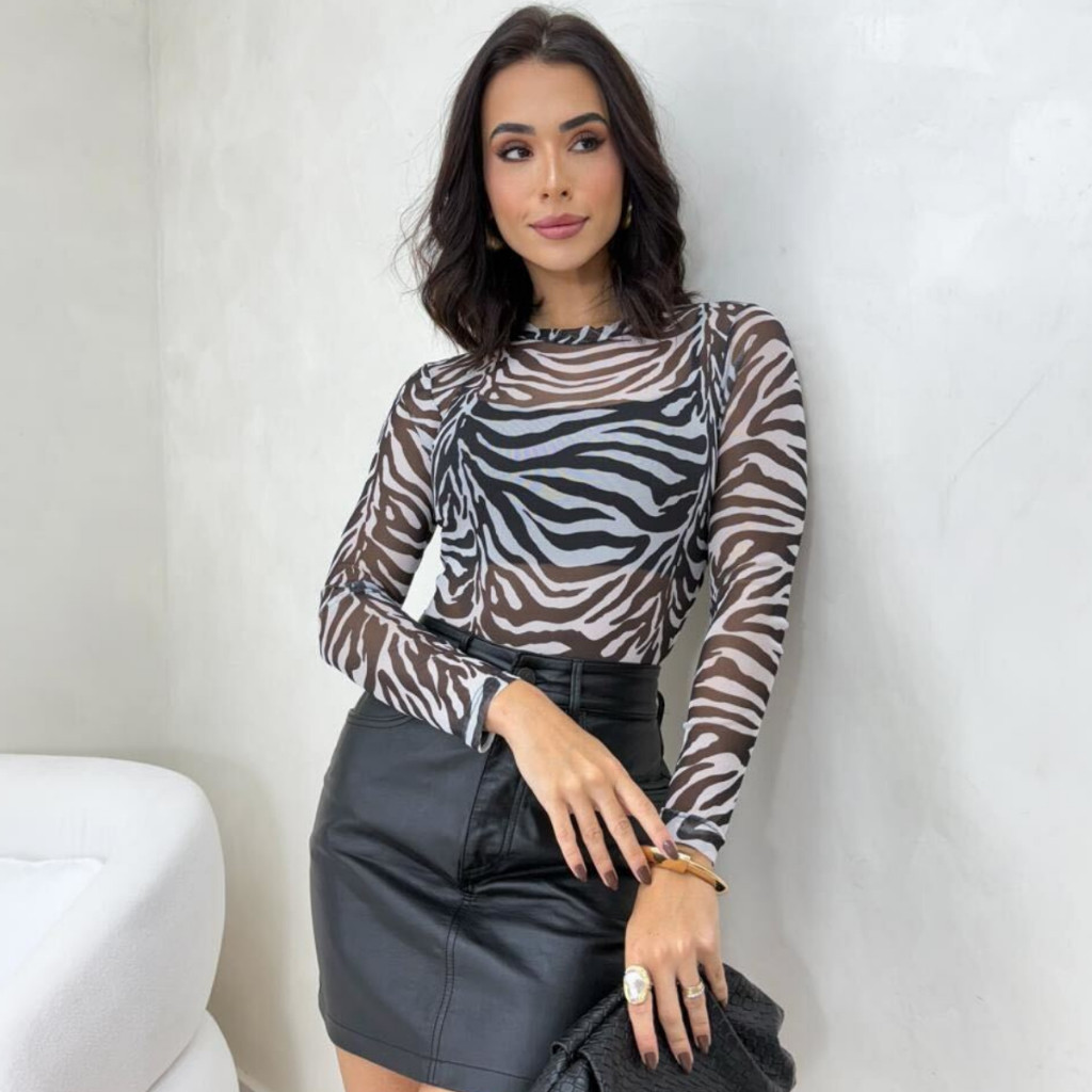 Body Tule Feminino Zebra Transparente Manga Longa Animal Print Moda Festa Balada