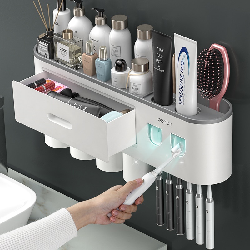 Magnetic Inverted Toothbrush Holder with Dual Automatic Toothpaste Squeezers, Portioning Storage Rack for Bathroom