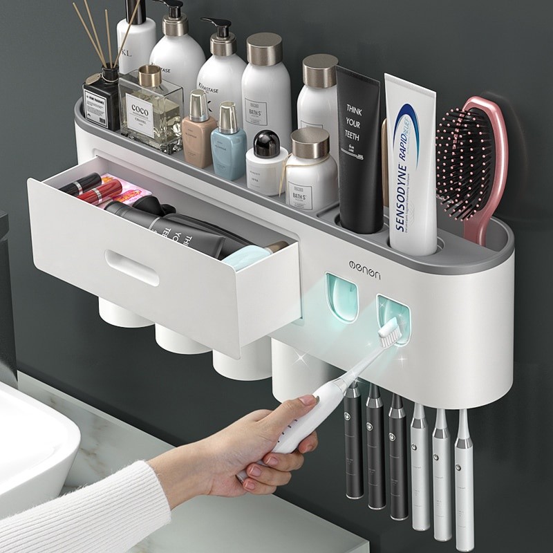 Magnetic Inverted Toothbrush Holder with Dual Automatic Toothpaste Squeezers, Portioning Storage Rack for Bathroom