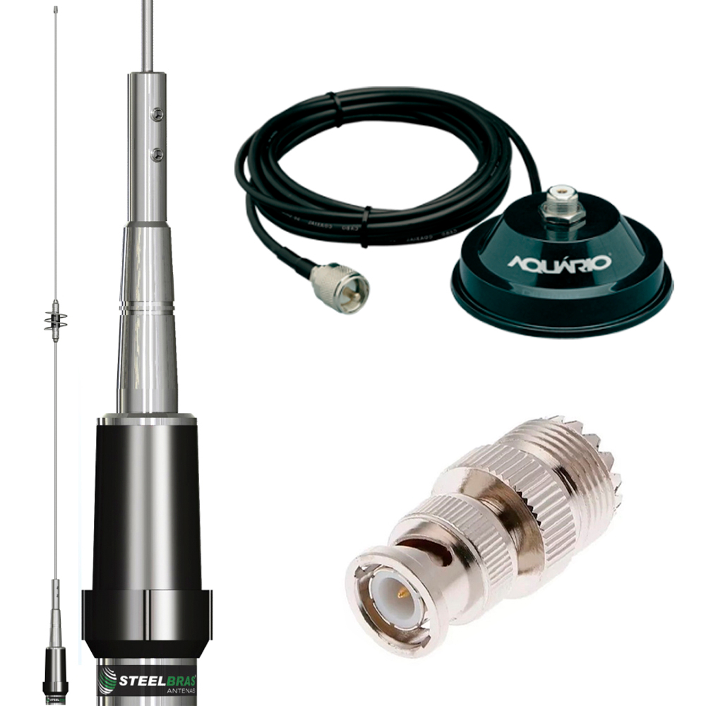 Antena Móvel Dual Band 86cm Ap0191 Suporte Magnético C/ Cabo 4 Metros Adaptador Bnc Macho X Uhf Fêmea