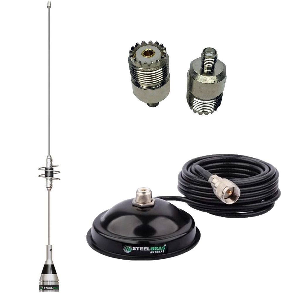 Antena Móvel Dual Band Suporte Magnético Imã Cabo 5,5 metros Adaptador Baofeng SMA Femea X UHF Femea