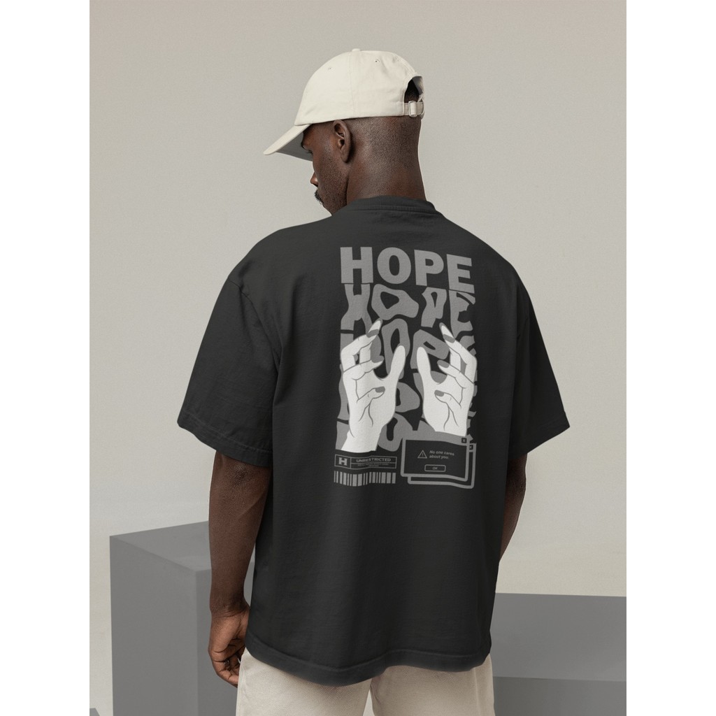 Camisa Camiseta Oversized Streetwear Masculino Urbano Treino Preto e Off Whte Estampado - HOPE